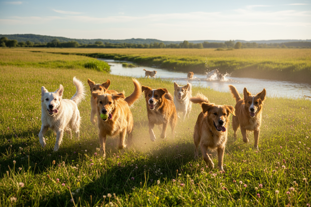 Un grupo de perros corre felizmente por un prado verde junto a un arroyo en un día soleado.